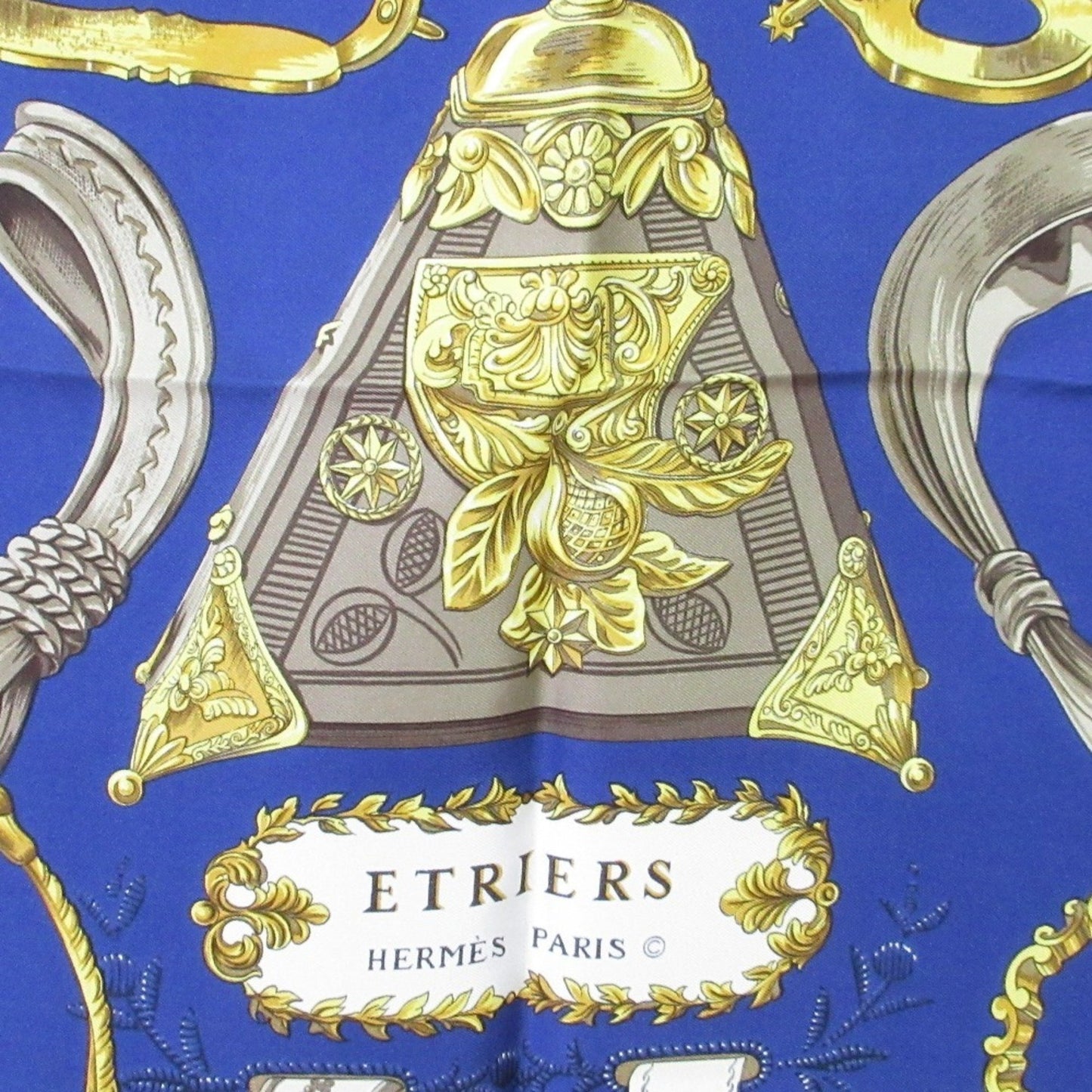 Hermes Carr 90 Etriers Stirrup Silk Scarf/Muffler Blue
