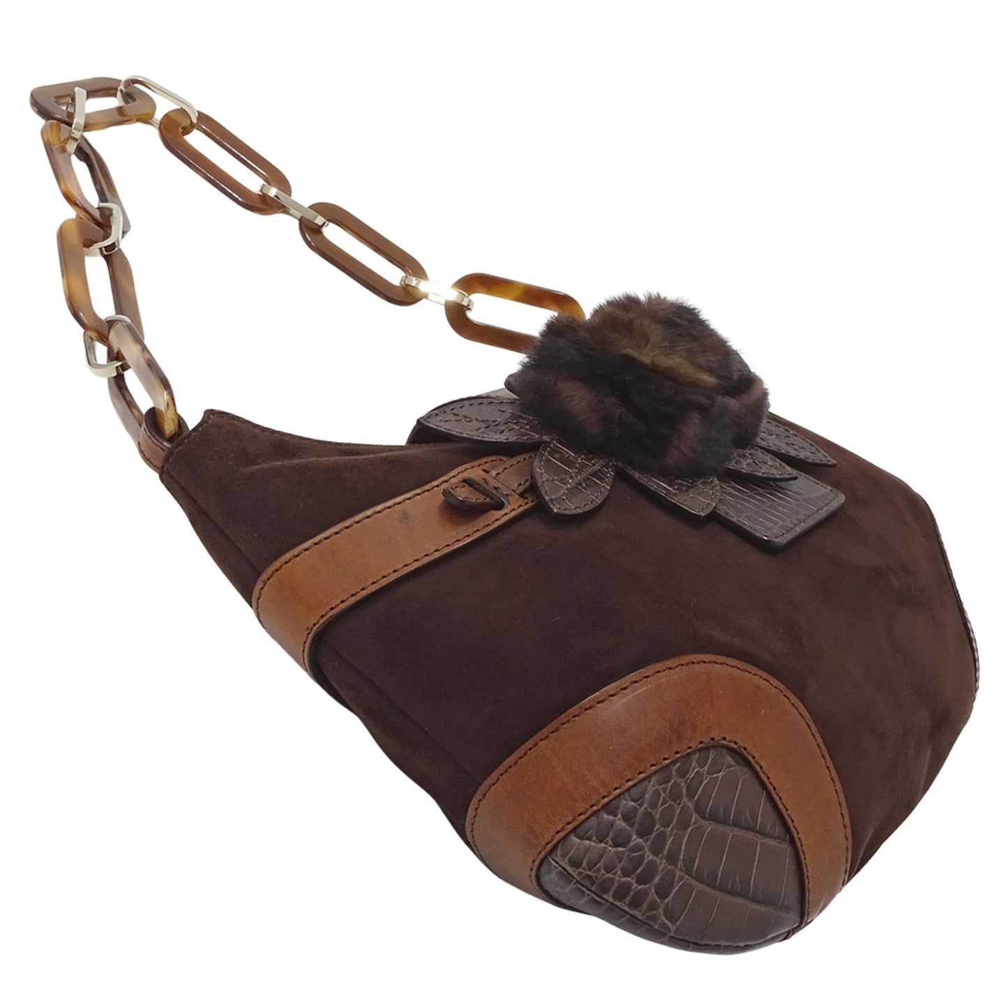 Valentino Garavani Women'S Suede And Fur Shoulder Bag With Brown Plastic Chain