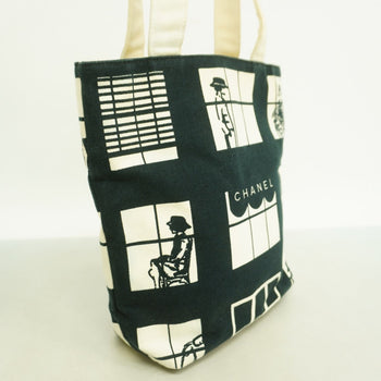 Chanel Tote Bag Window Canvas Black White Champagne