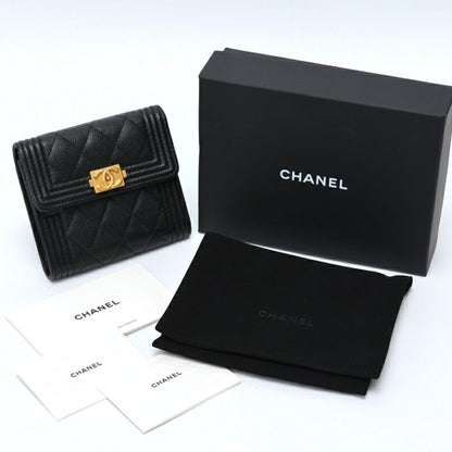 Chanel Boy Chanel Tri-Fold Wallet Compact A80743 Caviar Skin Black S-157867