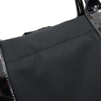 Salvatore Ferragamo Handbag Vara 21D 394 Black Dark Brown Nylon Patent Leather Ribbon Leopard