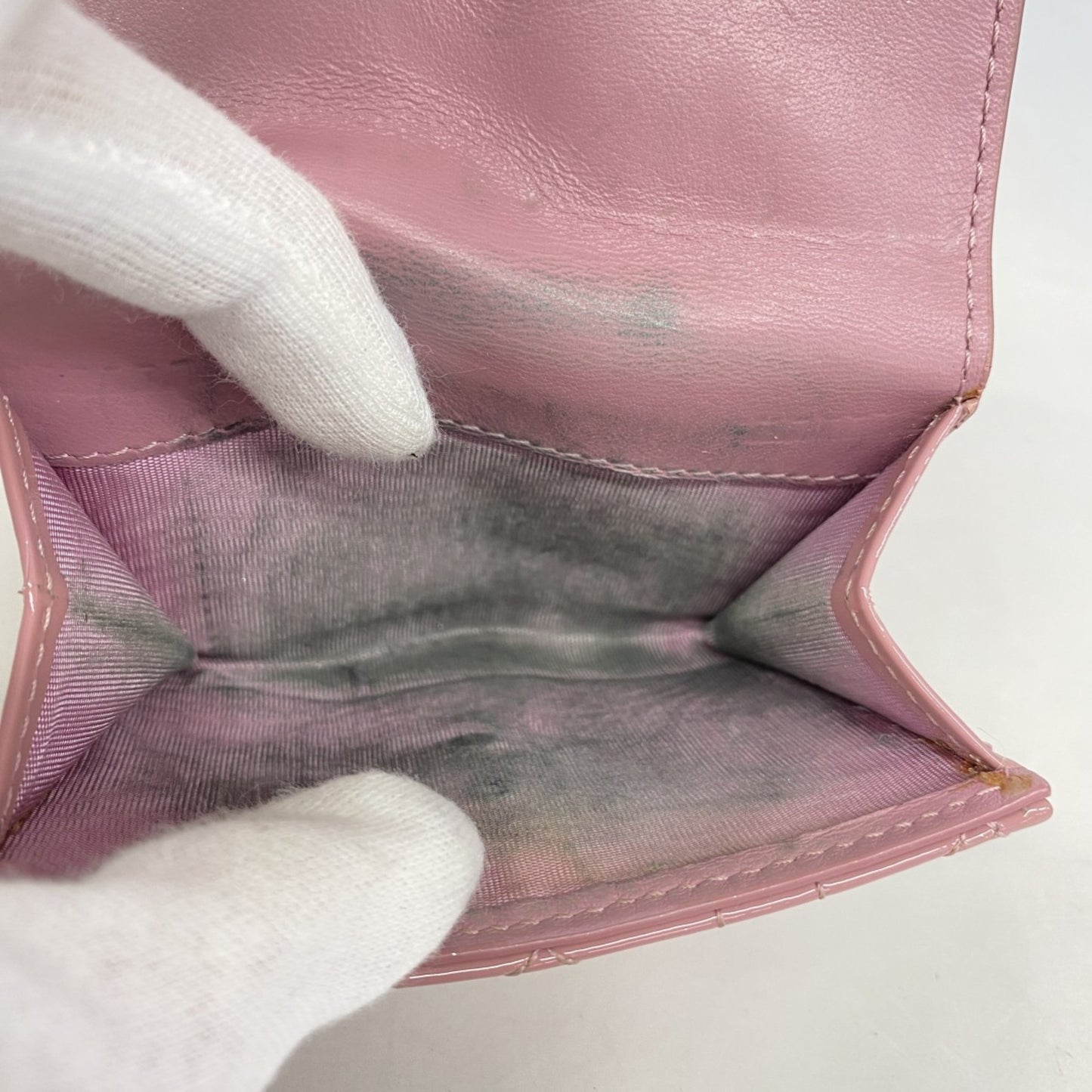 Christian Dior Tri-Fold Wallet Cannage Enamel Pink Champagne