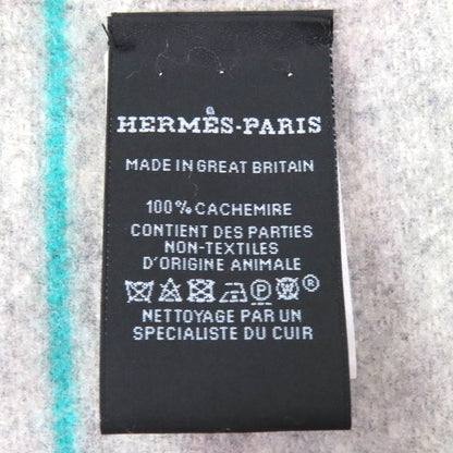 Hermes Neo Rocabar 100% Cashmere Gris Chine Leather Logo Patch Fringe Scarf/Shawl With Box