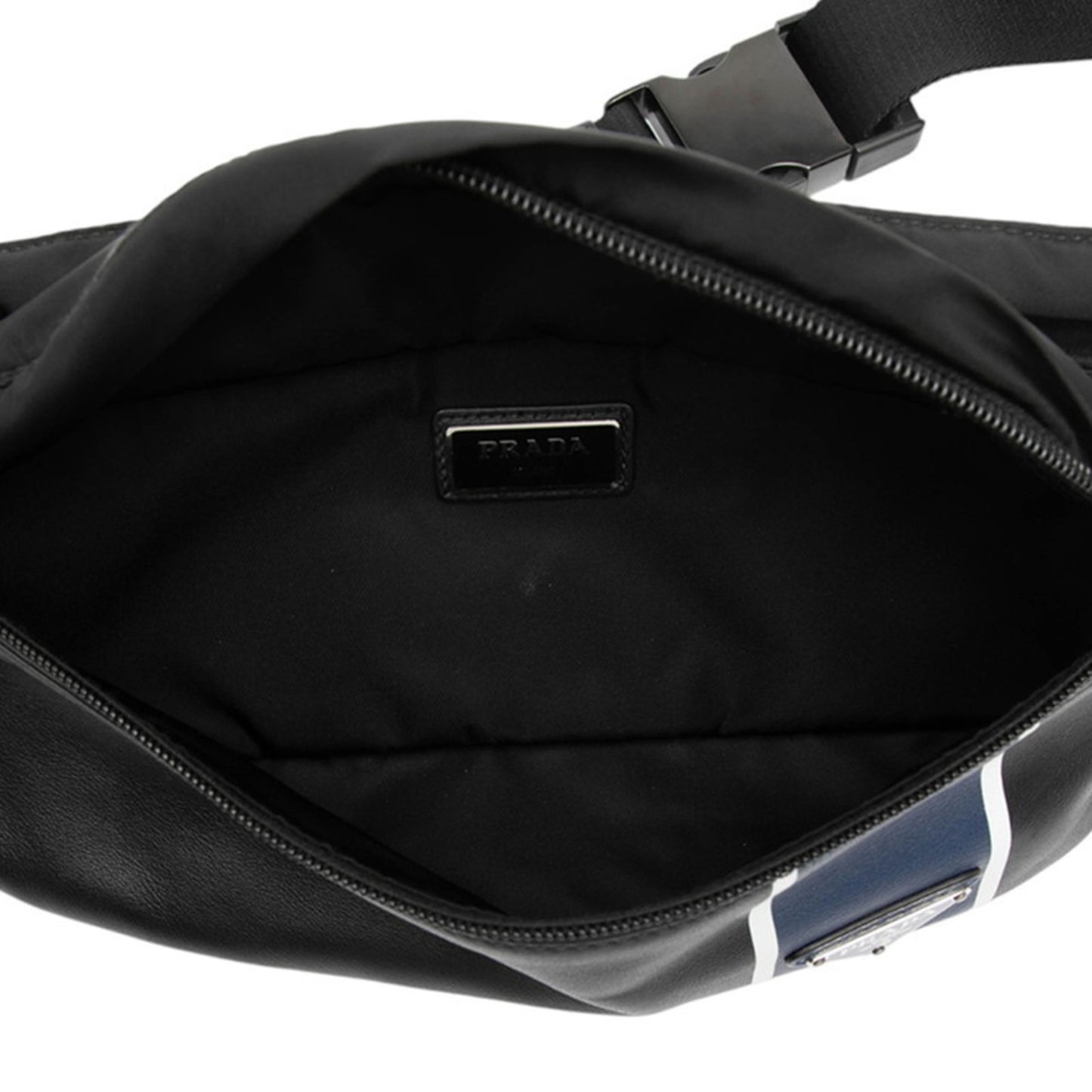 Prada Triangle Logo Plate Body Bag/Waist Bag In Black/Navy Leather/Nylon