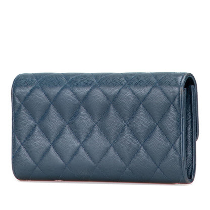 Chanel Matelasse Coco Mark Long Wallet Blue Caviar Leather