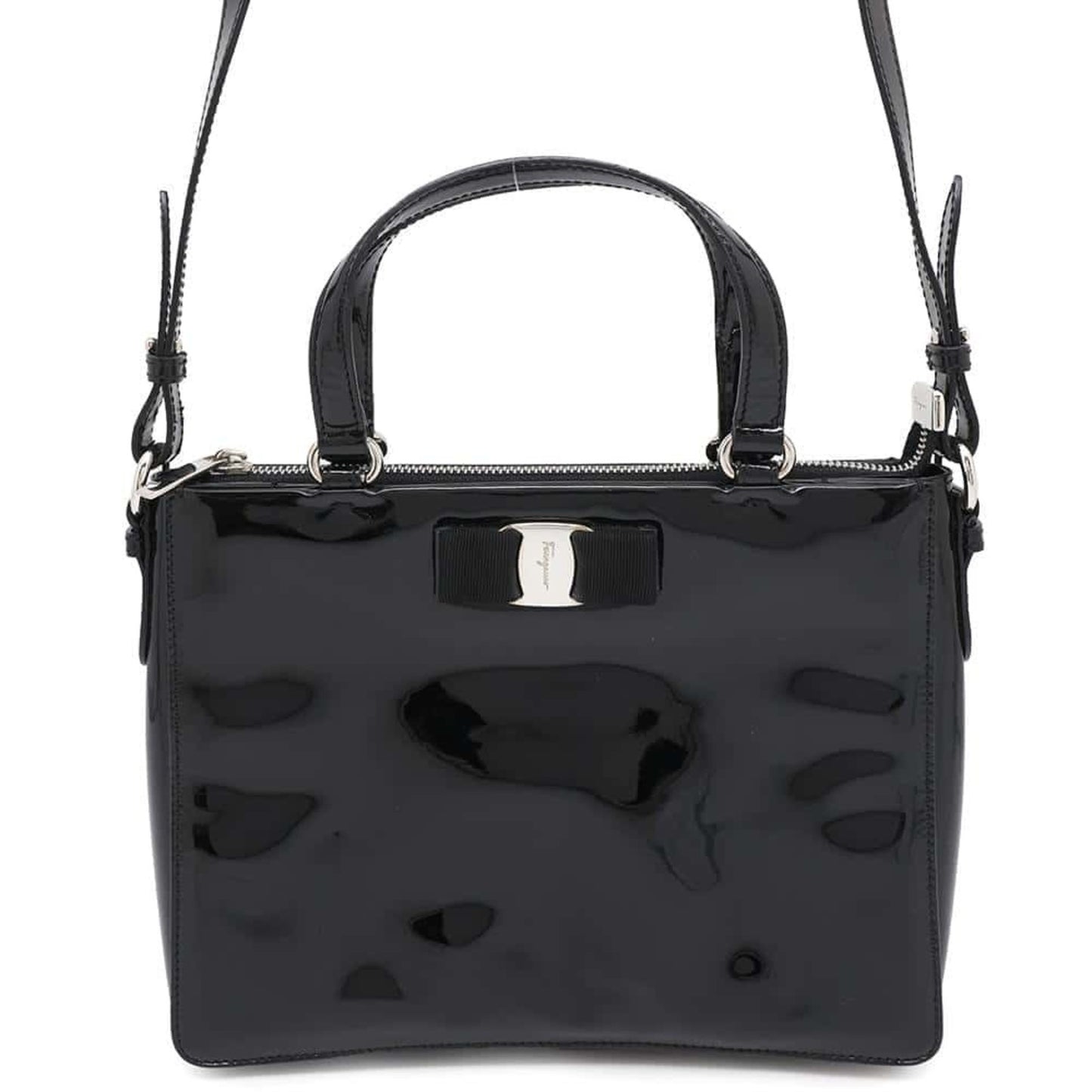 Salvatore Ferragamo Handbag Vara Ribbon Patent 2Way Shoulder Bag Black