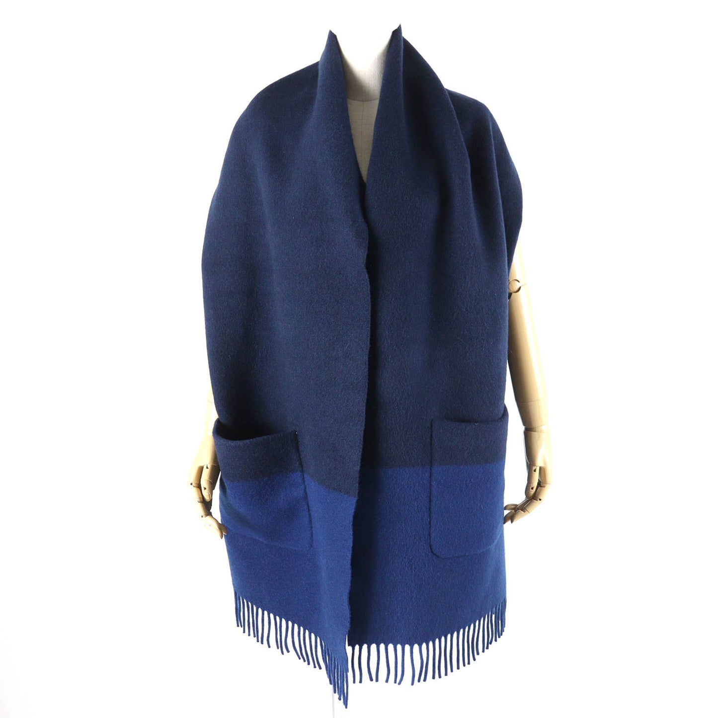 Hermes H259096S Allumette Pocket 100% Cashmere Marine Cobalt Leather Tag Fringe Large Shawl Scarf