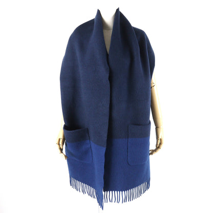 Hermes H259096S Allumette Pocket 100% Cashmere Marine Cobalt Leather Tag Fringe Large Shawl Scarf