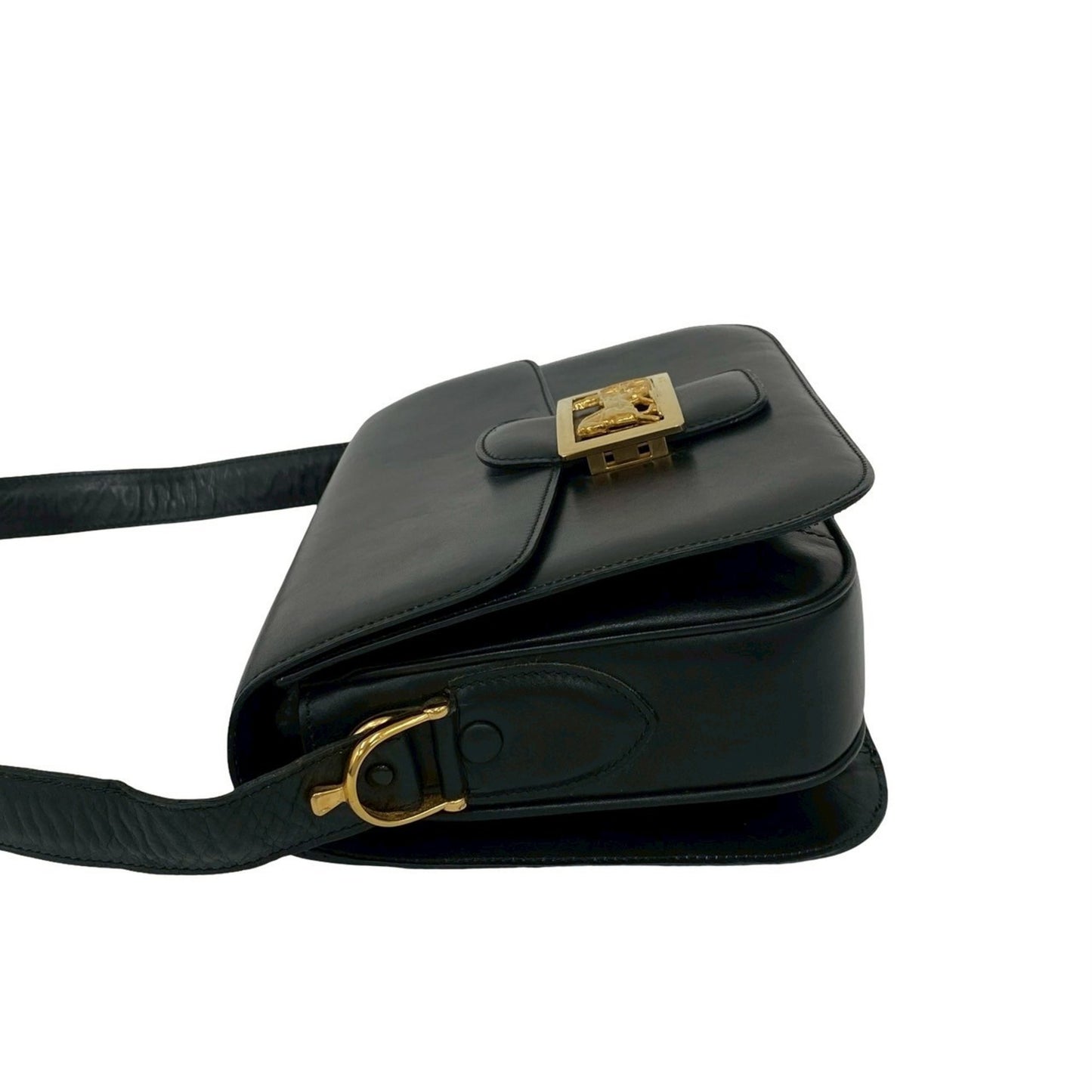 Celine Vintage Logo Horse-Drawn Carriage Hardware Calf Leather Shoulder Bag/Pochette/Sacoche Black