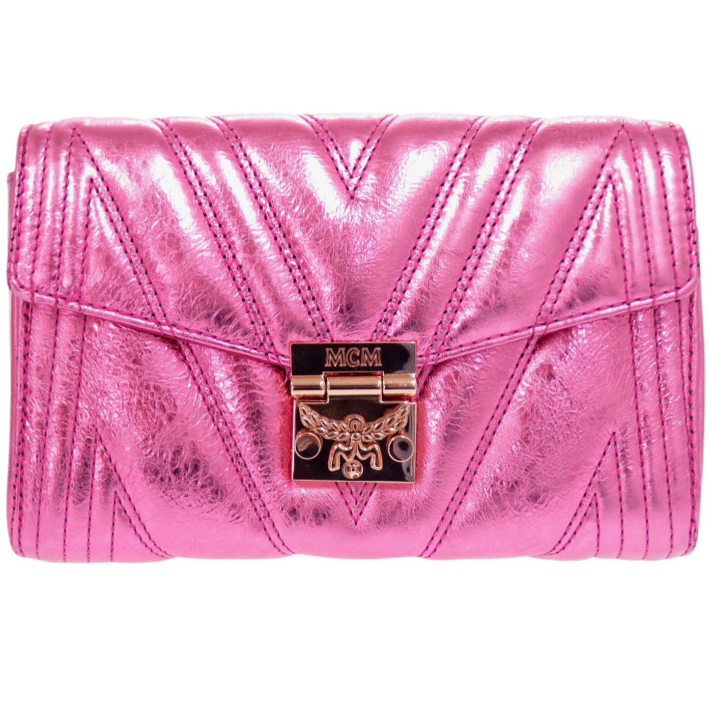 Like New Mcm Calfskin Metallic Pink Shoulder Bag With Gold Hardware And Chain Closure