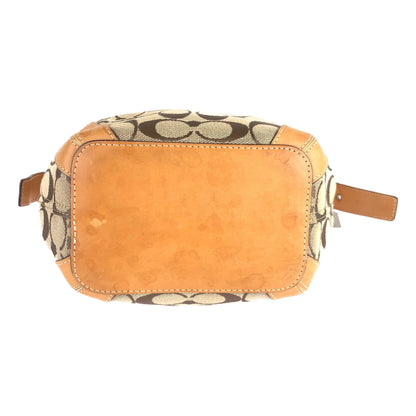 Coach Signature Beige Brown Silver Hardware Canvas Leather Hobo Shoulder Bag