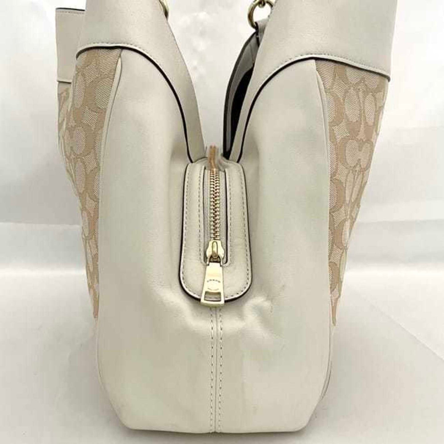 Coach Tote Bag Ec-23009 White Cream Signature F27579 Leather Canvas Coach Genuine