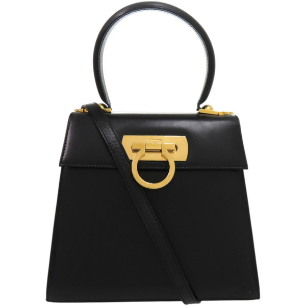 Salvatore Ferragamo Gancini Leather Handbag In Black With Gold Hardware