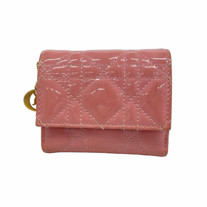 Christian Dior Tri-Fold Wallet Cannage Enamel Pink Champagne