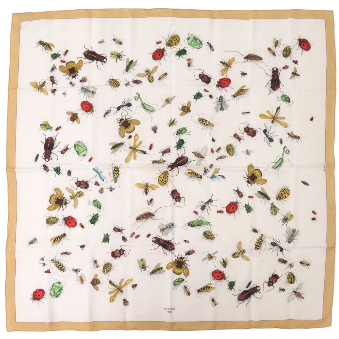 Herms Carr 90 Insect Silk Beige Scarf Muffler 0129 Hermes