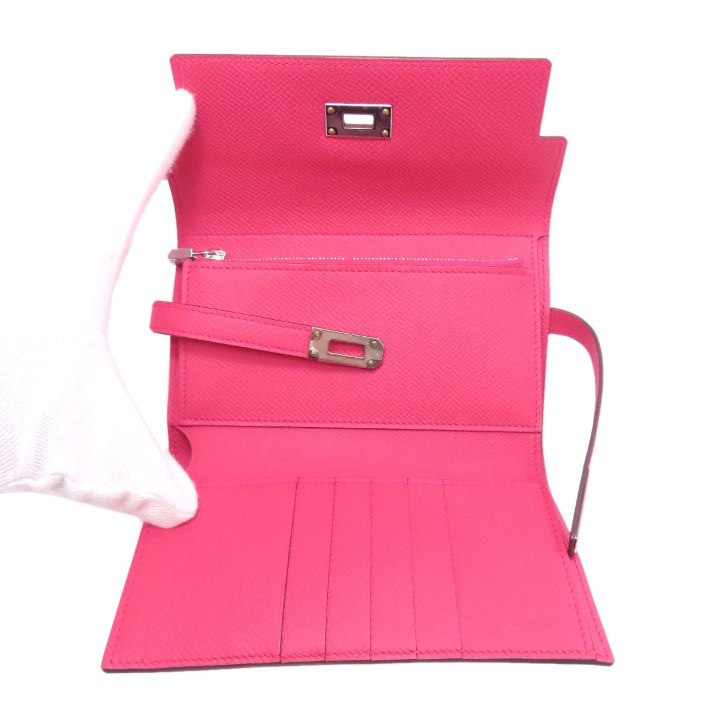 Hermes Herms Kelly Wallet Compact Rose Extreme Silver Hardware Bifold Epson