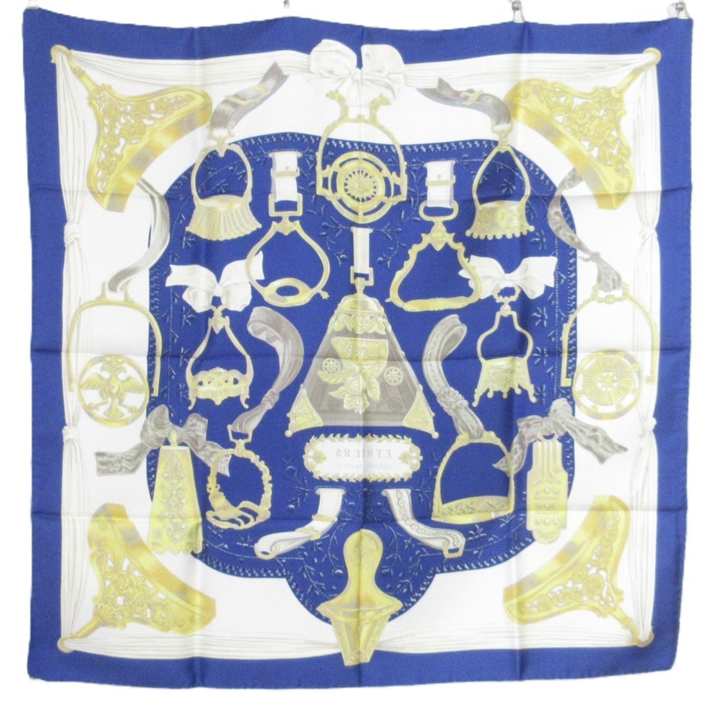 Hermes Carr 90 Etriers Stirrup Silk Scarf/Muffler Blue