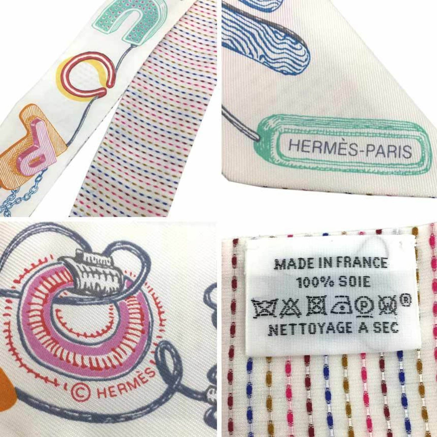 Hermes Twilly Pointier Embroidery Chevaloscope White/Blue/Rouge/Veil 100% Silk Scarf 2023