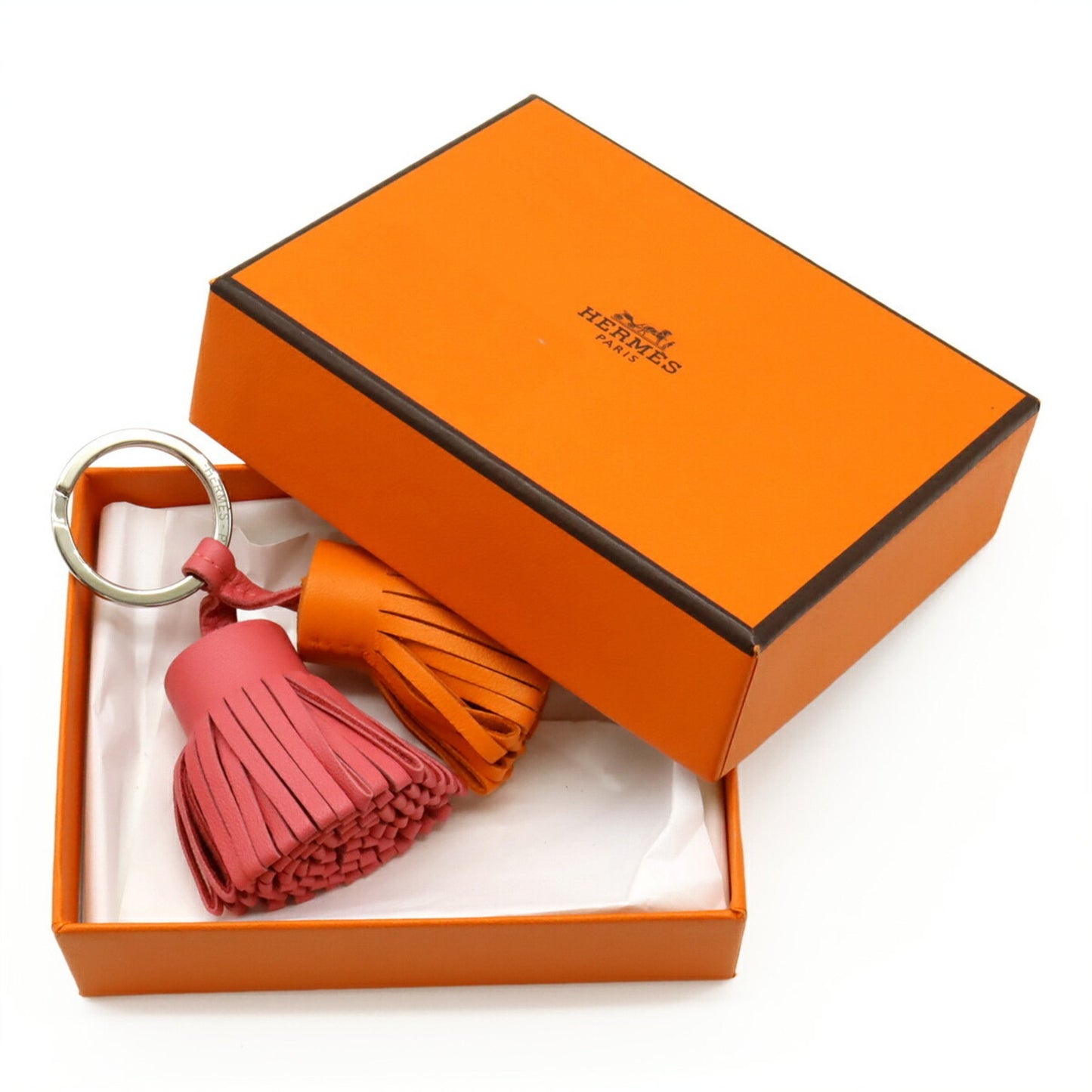 Hermes Carmen Unodos Key Ring Keychain Tassel Charm Annu Milo Leather Orange Pink