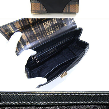 Prada Handbag 1Ba014 Black Brown Nylon Leather Shoulder Bag Check