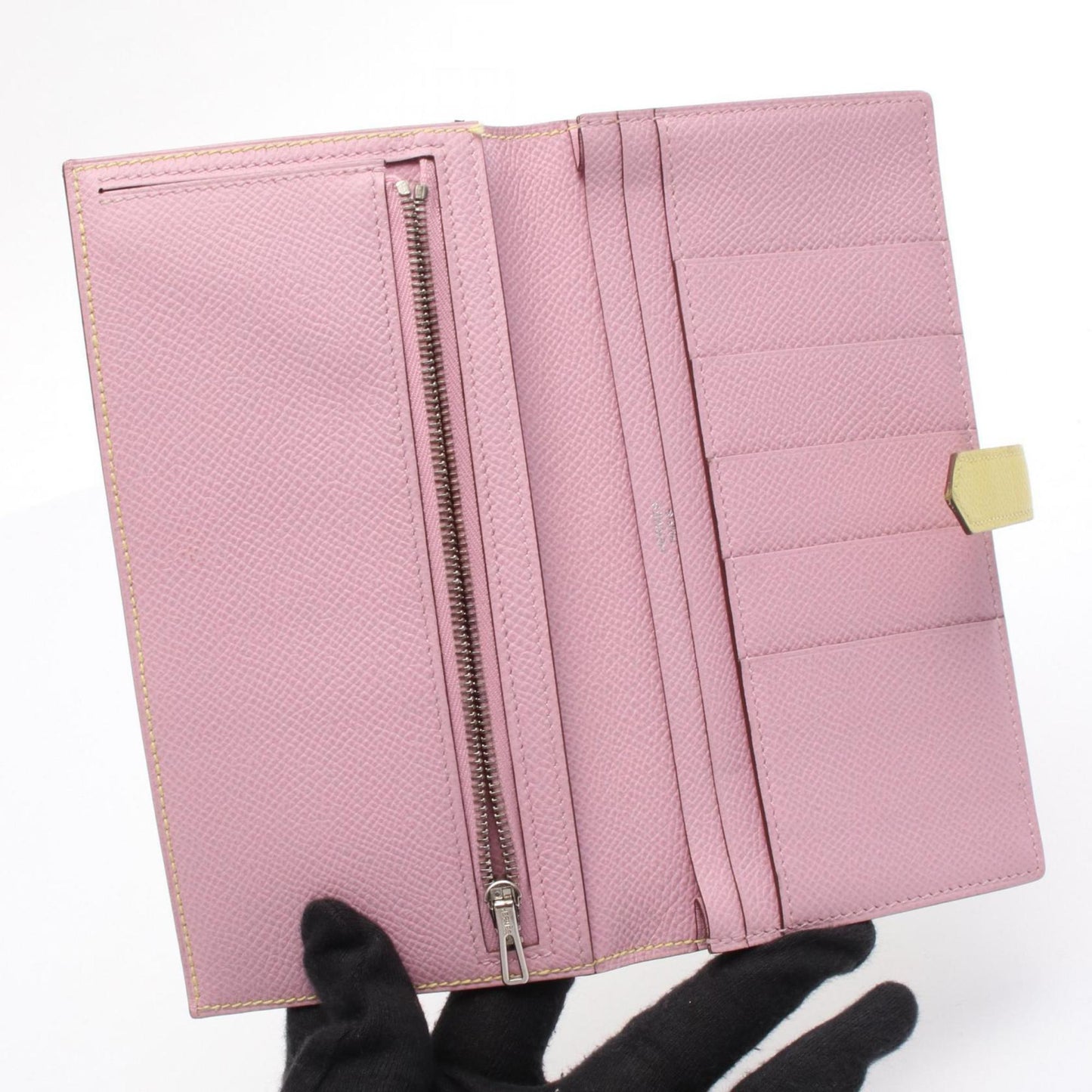 Hermes Herms Bearn Soufflet Verso Lime Mauve Silvestre Bifold Long Wallet