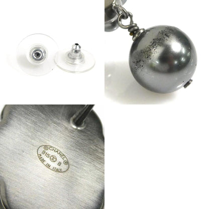 Chanel Coco Mark Metal Faux Pearl Grey Silver Earrings