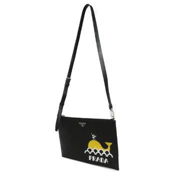 Prada Shoulder Bag Whale Print Clutch Saffiano Triangle Black 2Vh073 2Bov F0C5Z