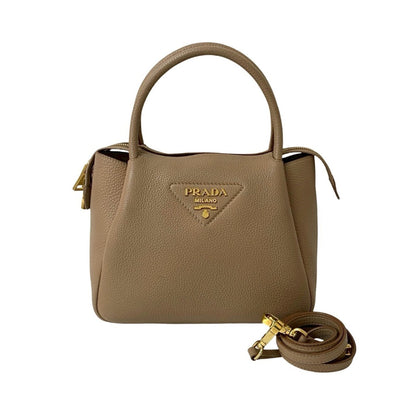 Prada Flu Vitello Dino Logo Hardware Soft Leather 2-Way Handbag/Shoulder Bag Beige A58-6