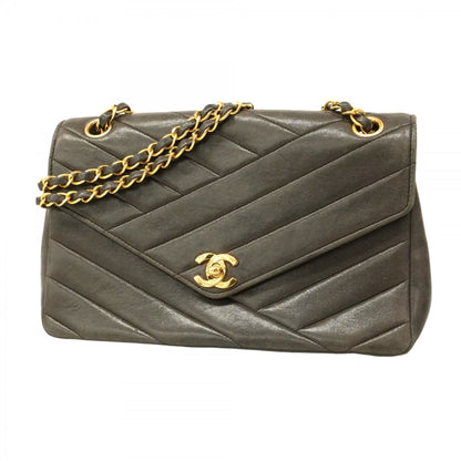 Chanel Shoulder Bag W Chain Chevron Lambskin Black