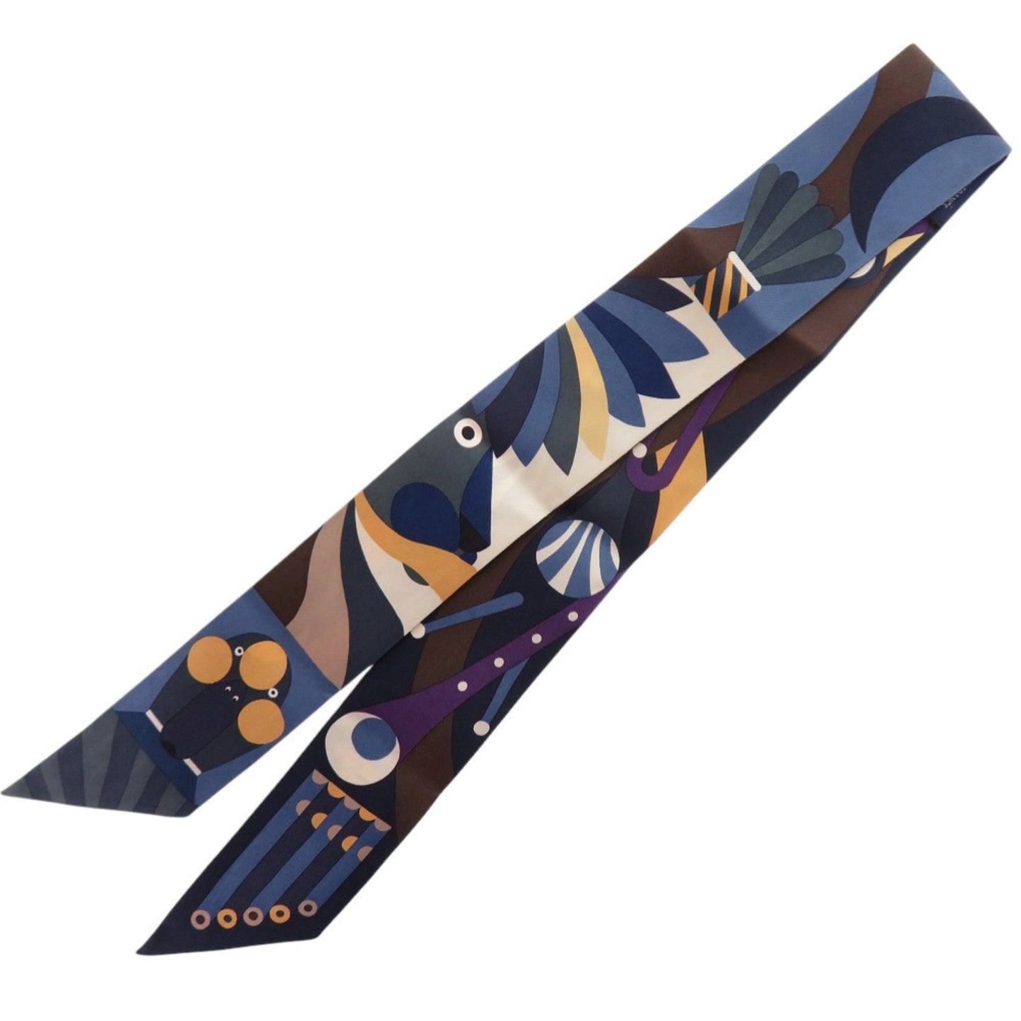 Herms Twilly "Parade En Fanfare" Silk Ardoise Blue Jean Beige Scarf Muffler 0154 Hermes