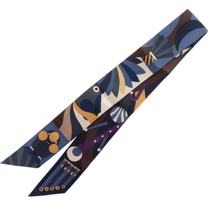 Herms Twilly "Parade En Fanfare" Silk Ardoise Blue Jean Beige Scarf Muffler 0154 Hermes