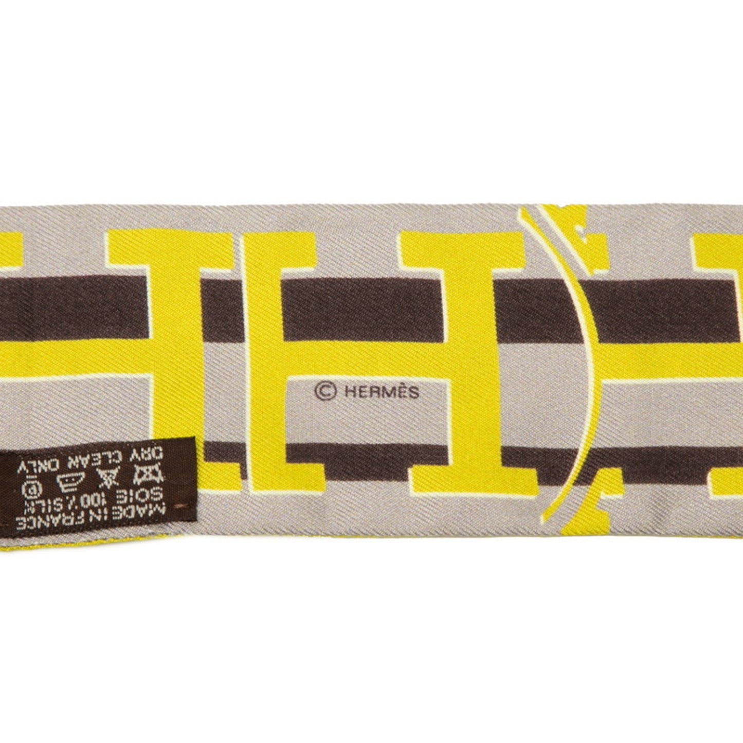 Herms Twilly Ginza 5-4-1 Store 10Th Anniversary Scarf Gray Yellow Brown Silk
