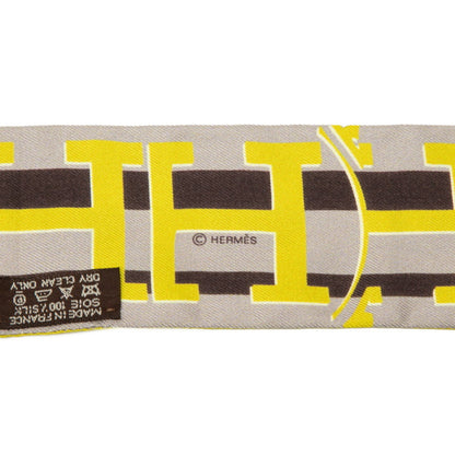 Herms Twilly Ginza 5-4-1 Store 10Th Anniversary Scarf Gray Yellow Brown Silk