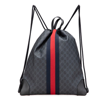 Gucci Gg Supreme Sherry Line Drawstring Backpack 473872 Gray Black Leather