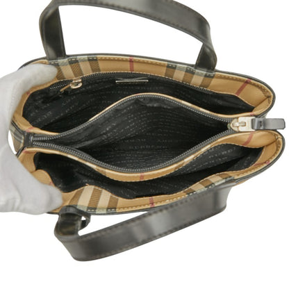 Burberry Nova Check Handbag Tote Bag Beige Black Leather