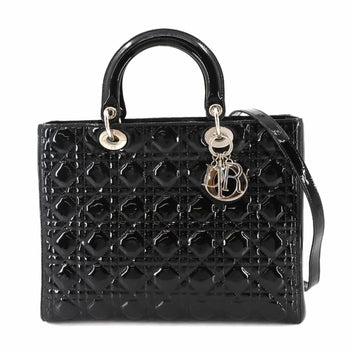 Christian Dior Cannage Lady Large 2-Way Hand/Shoulder Bag In Black Enamel