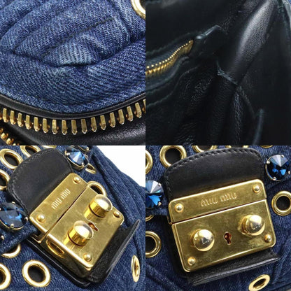 Miu Miu Miu Shoulder Bag Denim Leather Indigo Blue Black Gold