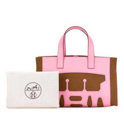 Hermes Petit H Tote Pm Bag Handbag Pink Brown Felt Epsom Leather