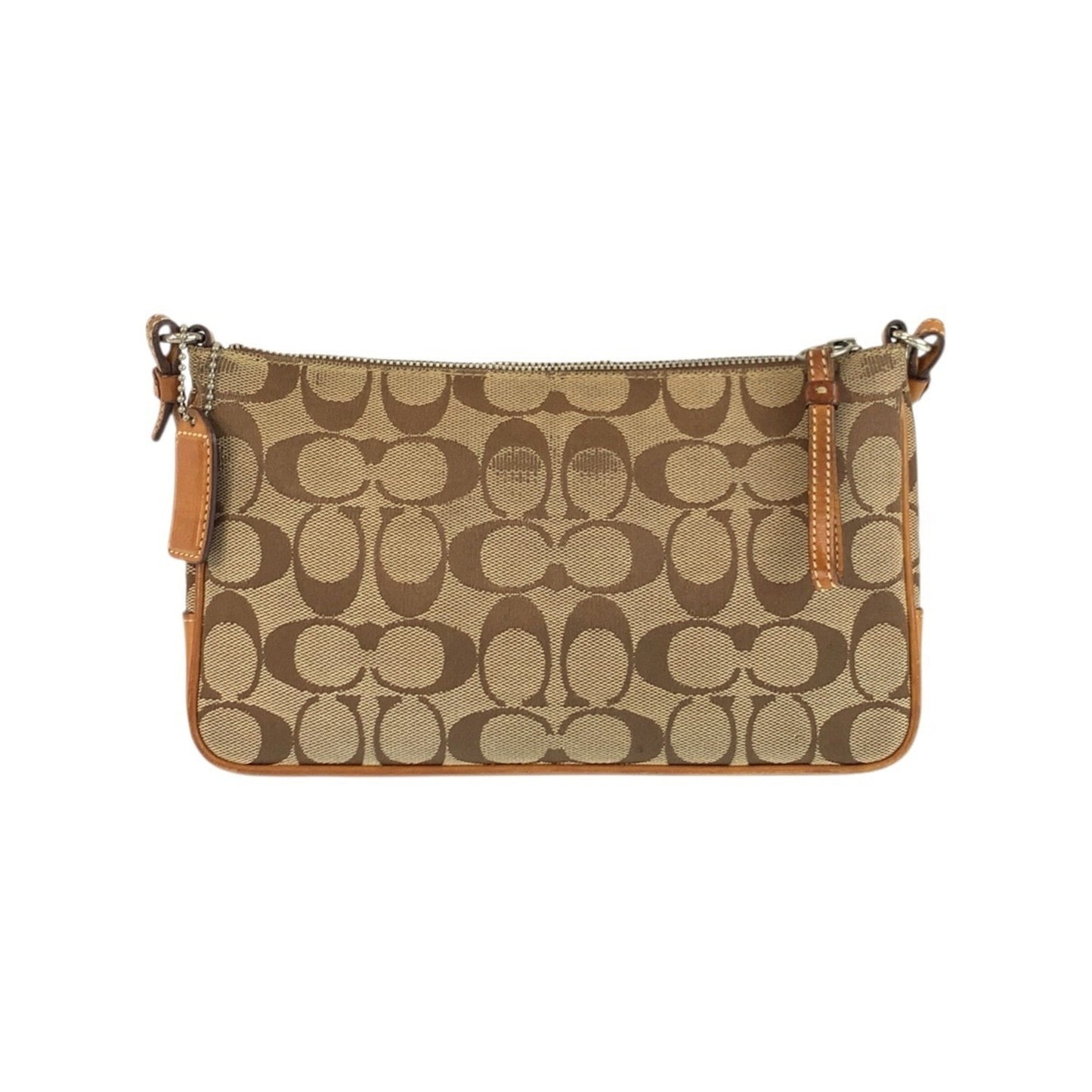 Coach Signature Slim Demi Zip Beige Camel Silver Hardware Canvas Leather 6338 Shoulder Bag Pochette