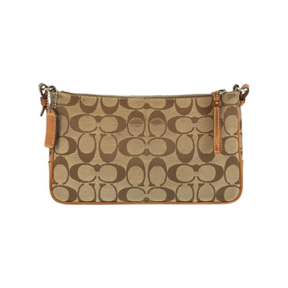 Coach Signature Slim Demi Zip Beige Camel Silver Hardware Canvas Leather 6338 Shoulder Bag Pochette