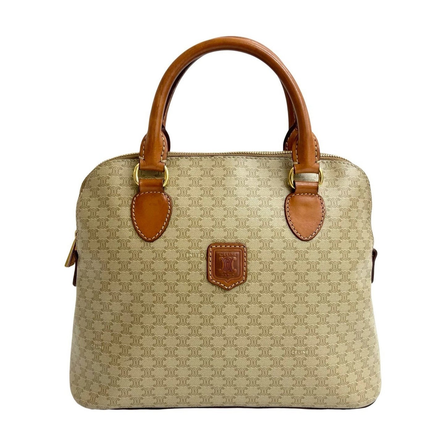 Celine Vintage Macadam Triomphe Logo Leather Handbag/Boston Bag In Beige