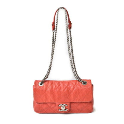 Chanel Chain Shoulder Bag Caviar Skin Matelasse Quilted Stitch Red Silver