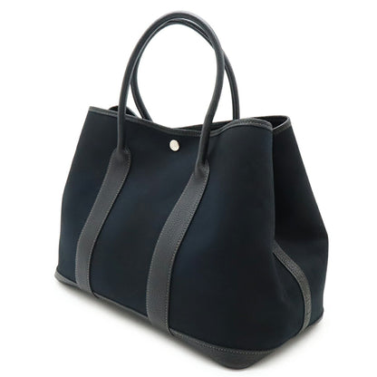 Hermes Garden Pm Tote Bag Handbag Toile Officier Canvas Leather Black