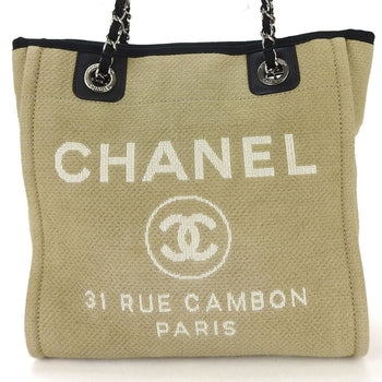 Chanel Tote Bag Pm Chain Deauville No. 16 Canvas Beige Black Coco Mark