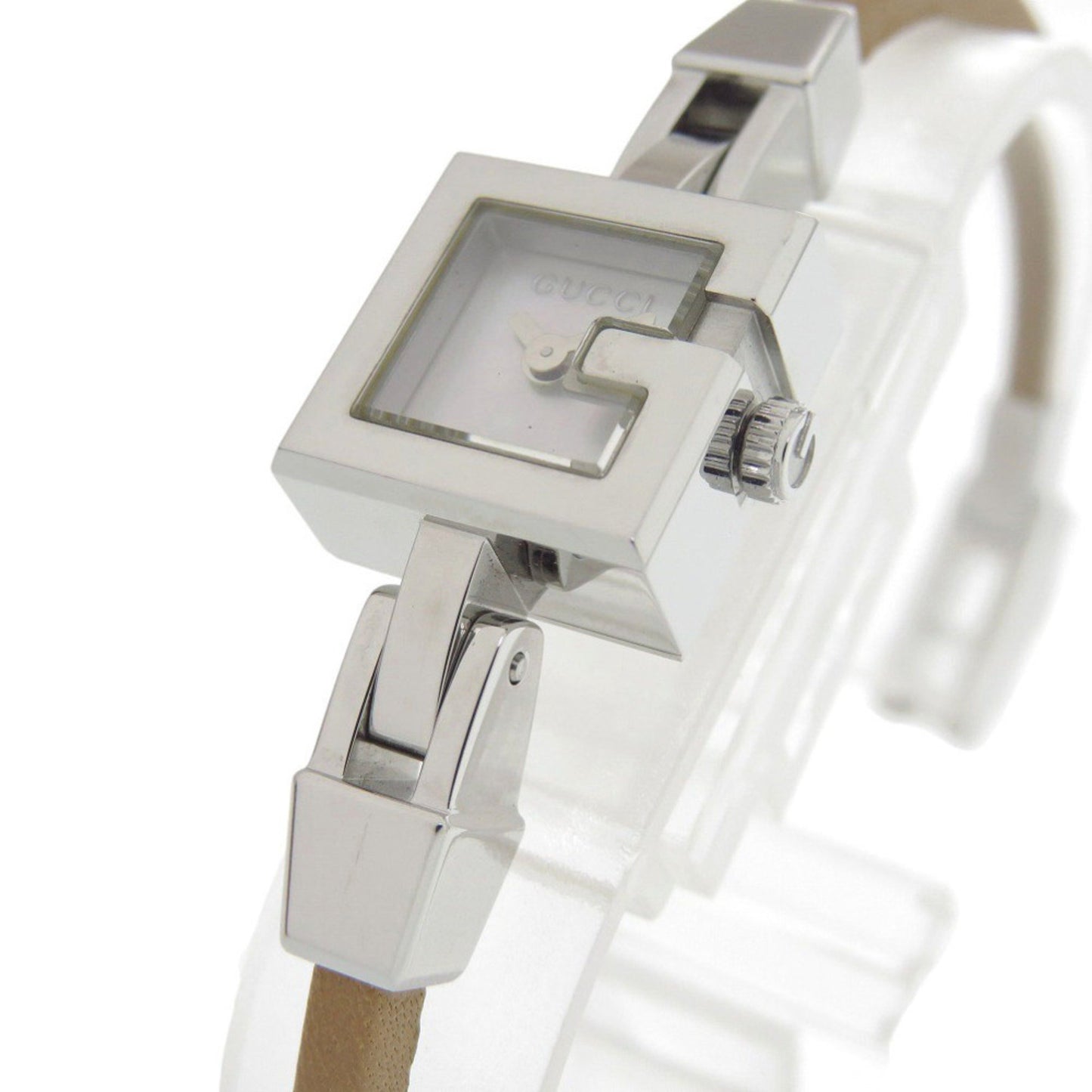 Like New Gucci 102 Stainless Steel Leather Watch With Shell Dial And Brown Quartz Movement