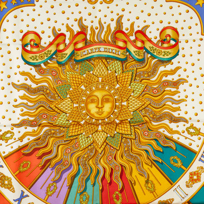 Hermes Carre 90 Carpe Diem Enjoy Today Sun Moon Stars Scarf Muffler White Multicolor Silk