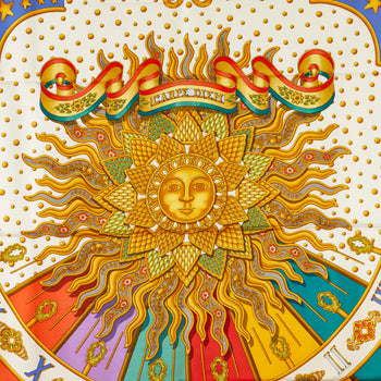 Hermes Carre 90 Carpe Diem Enjoy Today Sun Moon Stars Scarf Muffler White Multicolor Silk