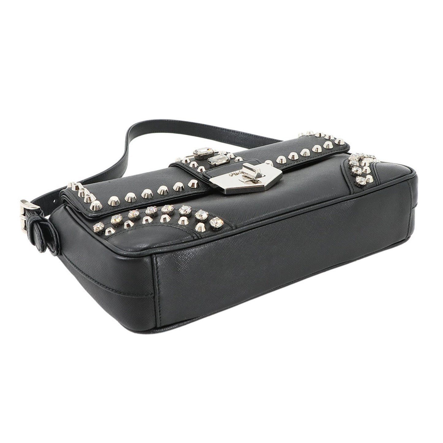 Prada Bejeweled Studded Shoulder Bag In Saffiano Leather (Black)