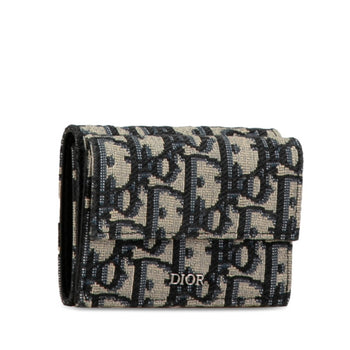 Christian Dior Dior Oblique Tri-Fold Wallet Navy Beige Canvas Leather