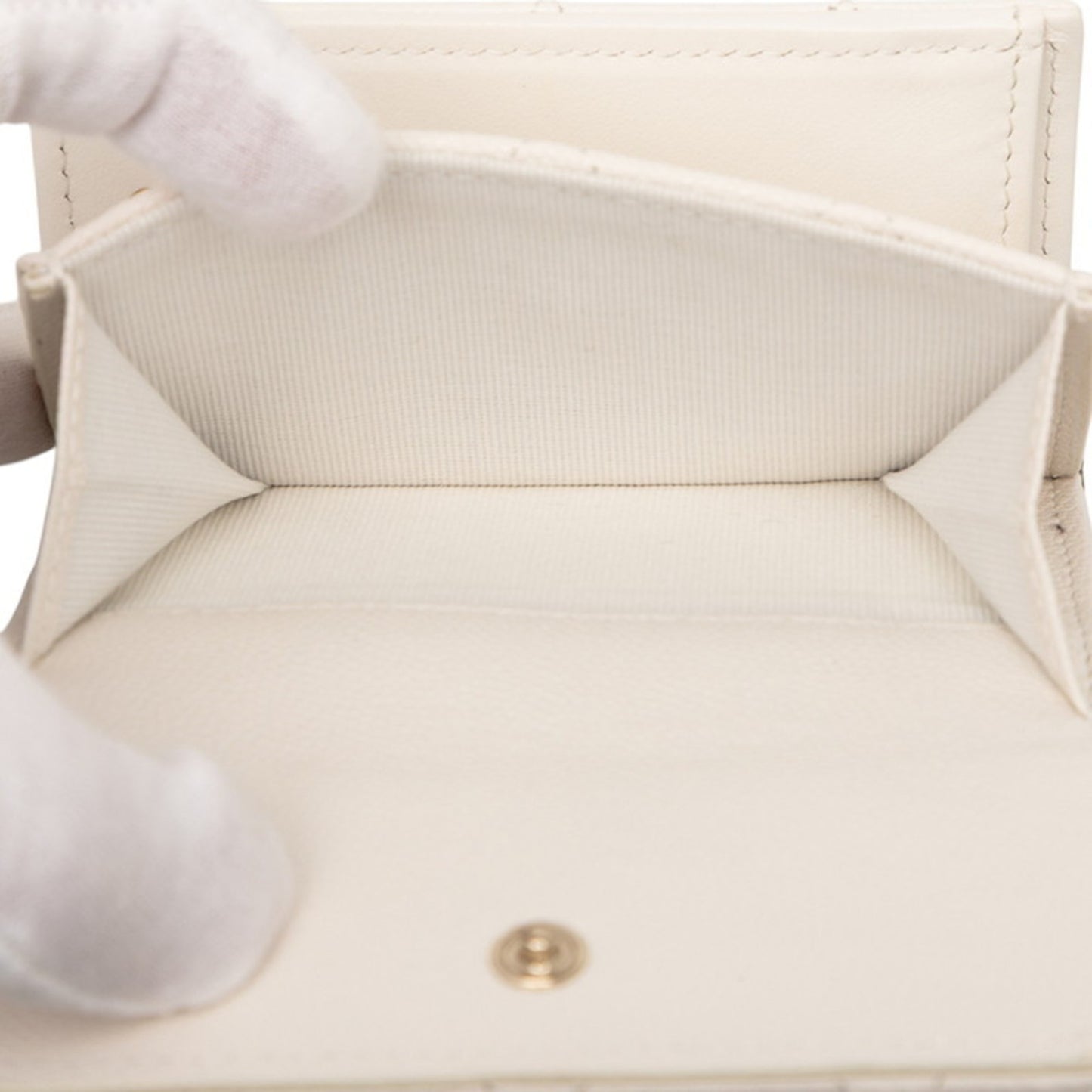 Chanel Matelasse Coco Mark Rhinestone Tri-Fold Wallet In White Caviar Leather